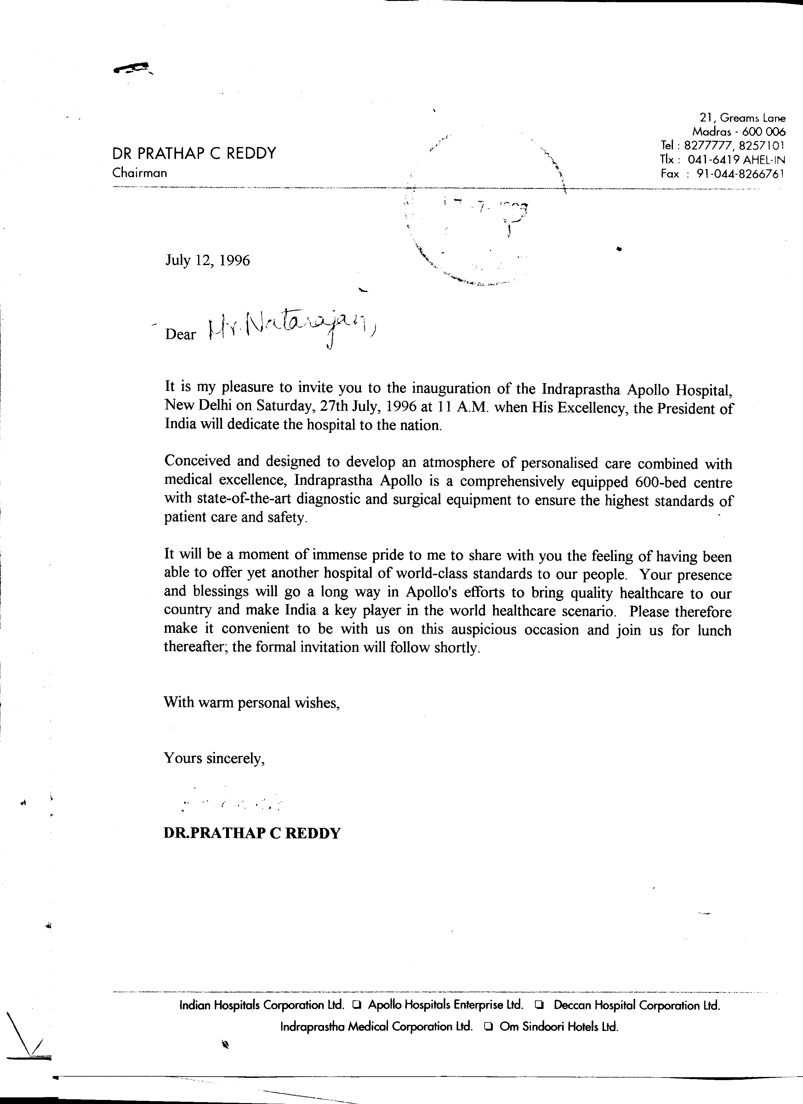 Invitation Letter from Dr. Prathap C. Reddy for Indraprastha Apollo Hospital Inauguration (1996)